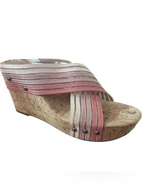 Lucky Brand Mykayla Cork Wedge Slide Sandals ipink ombré and cream strips. SZ 10
